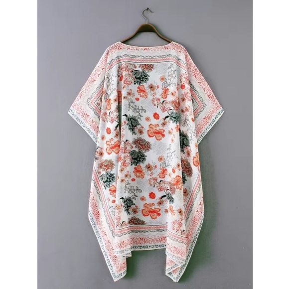 Boho Creamy White Floral Kimono Wrap Beach Coverup - Picture 5 of 16